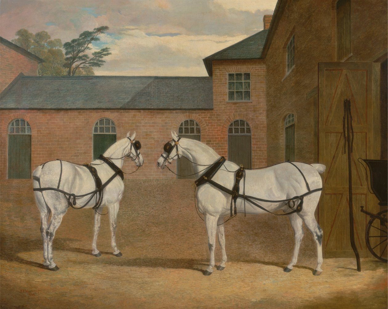 Grå vognhester i vogngården ved Putteridge Bury, Hertfordshire av John Frederick Herring