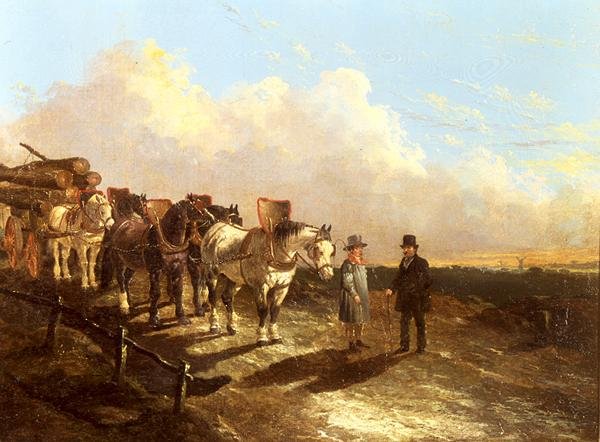 En tømmervogn stanset på en vei i skumringen av John Frederick Herring Jnr