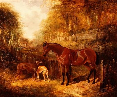 En salet buktponni og greyhounds i et skogkledd elvelandskap av John Frederick Herring Jnr