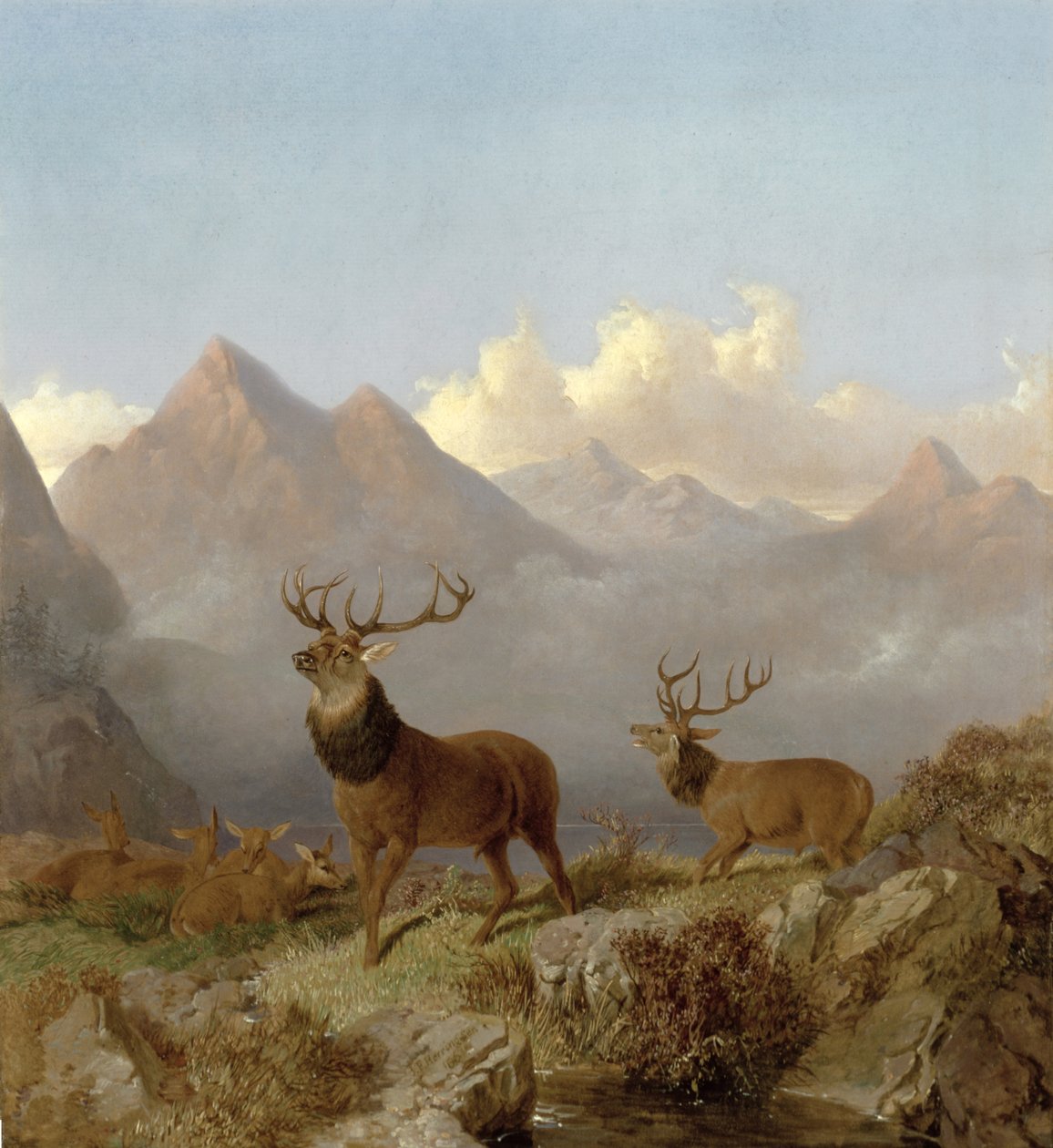 Detalj av hjorter og hinds i et høylandslandskap, 1864 av John Frederick Herring Junior