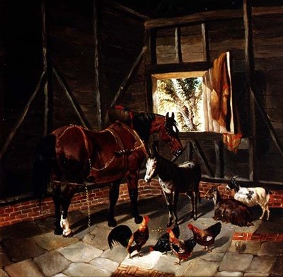 Stallinteriør med vognhest og esel av John Frederick Herring Jnr