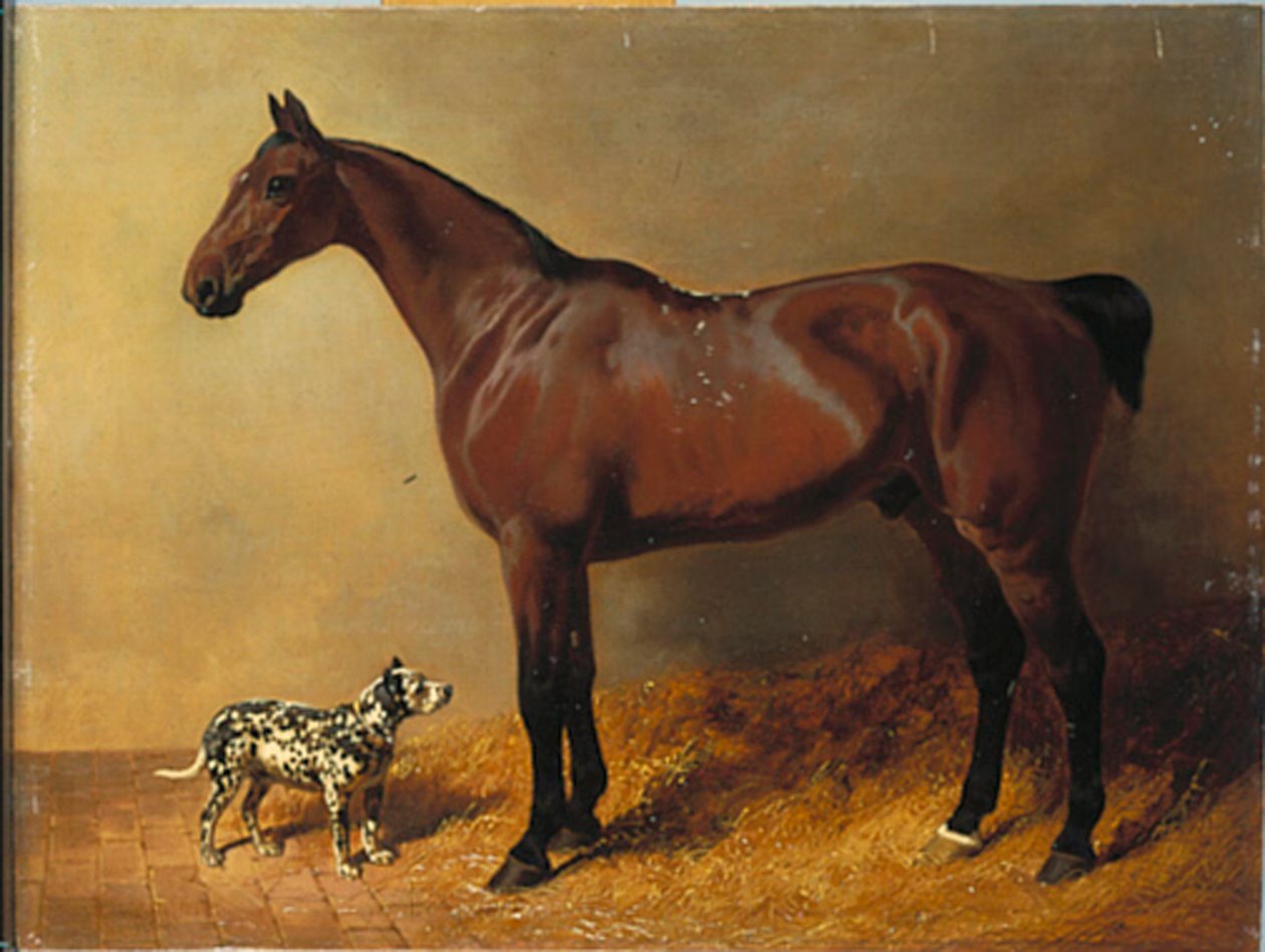 En buktjeger og en flekket hund i et stallinteriør, 1846 av John Frederick Herring Senior