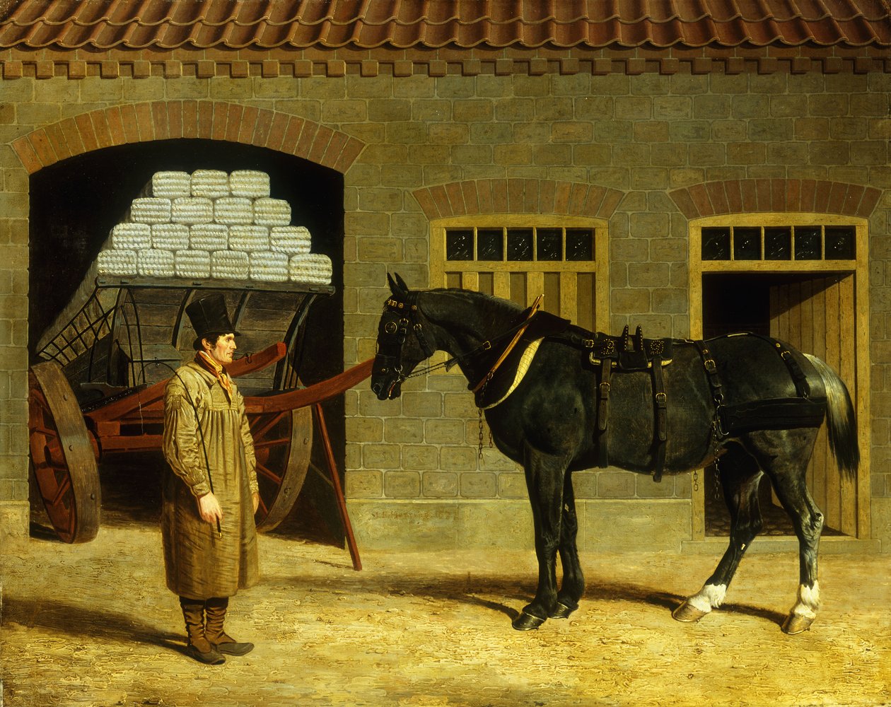 En vognhest og sjåfør utenfor en stall, 1827 av John Frederick Herring Senior