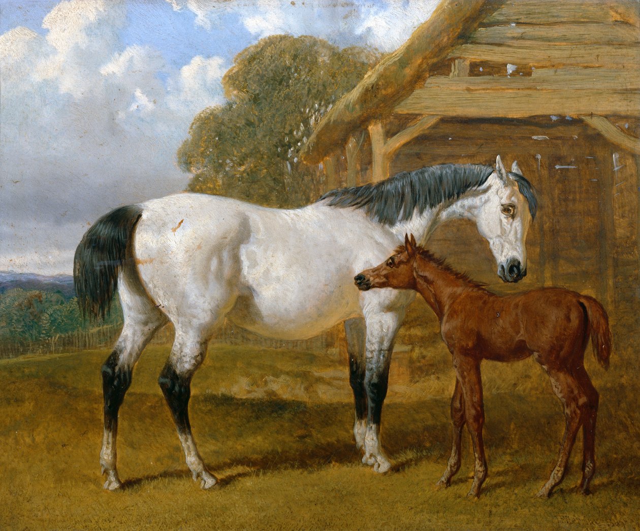 En hoppe og føll før en låve, 1854 av John Frederick Herring Senior