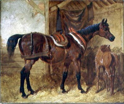 En gammel hoppe og føll i stall av John Frederick Herring Senior