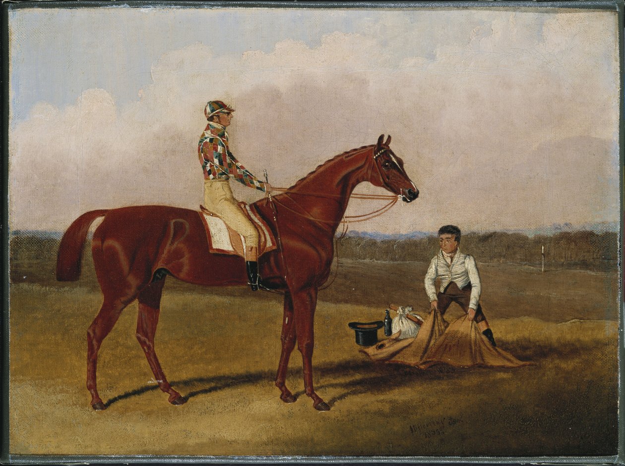 "Barfoot", veddeløpshest, med en jockey opp og en brudgom, 1835 av John Frederick Herring Senior