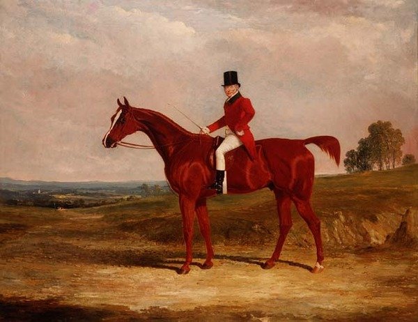Sir Hugh Hamilton Mortimer, Master of the Old Surrey Foxhounds, på en kastanjejeger i et omfattende landskap av John Frederick Herring Senior