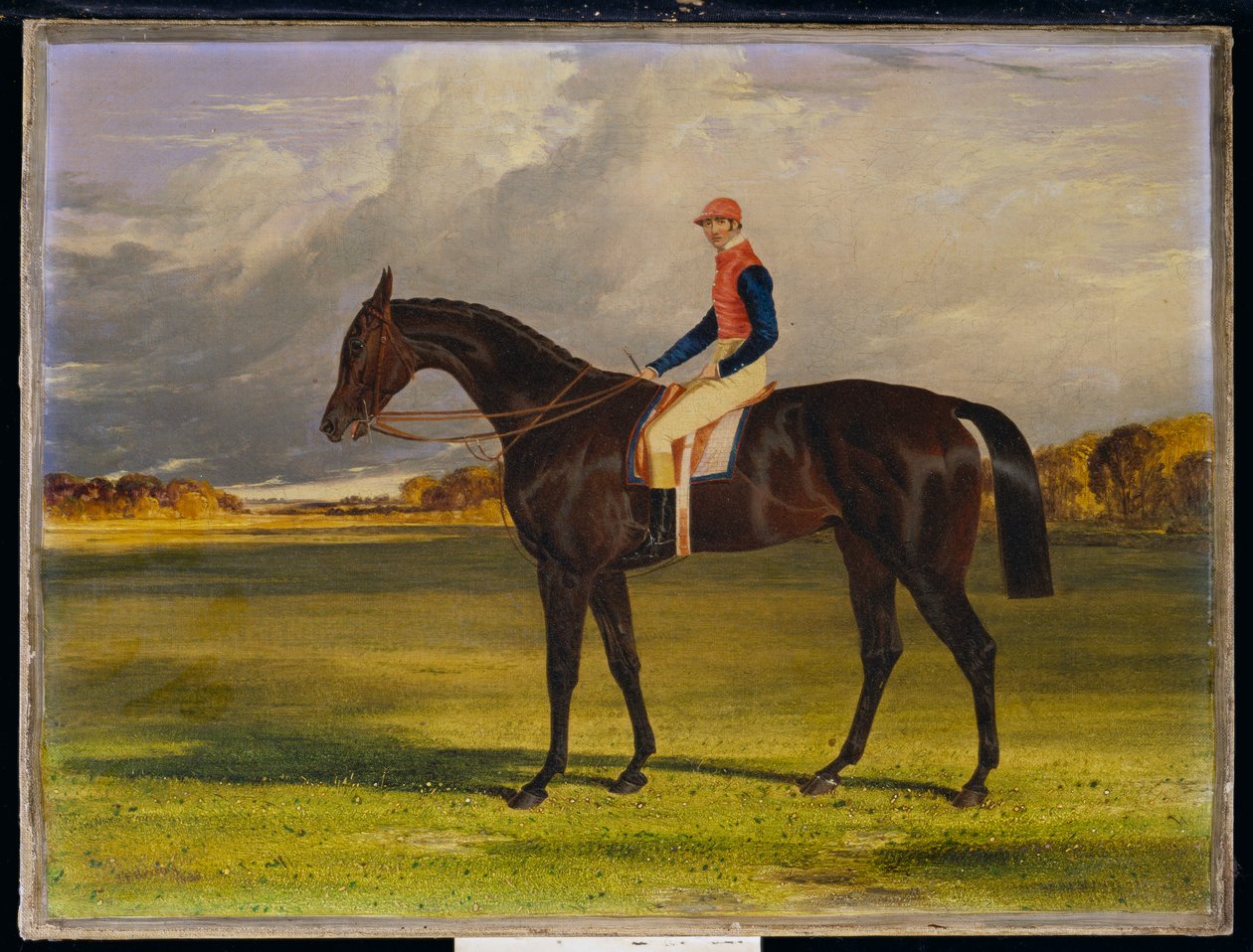 The Earl of Chesterfields Filly "Industry", med W. Scott Up, in a Landscape, 1838 av John Frederick Herring Senior