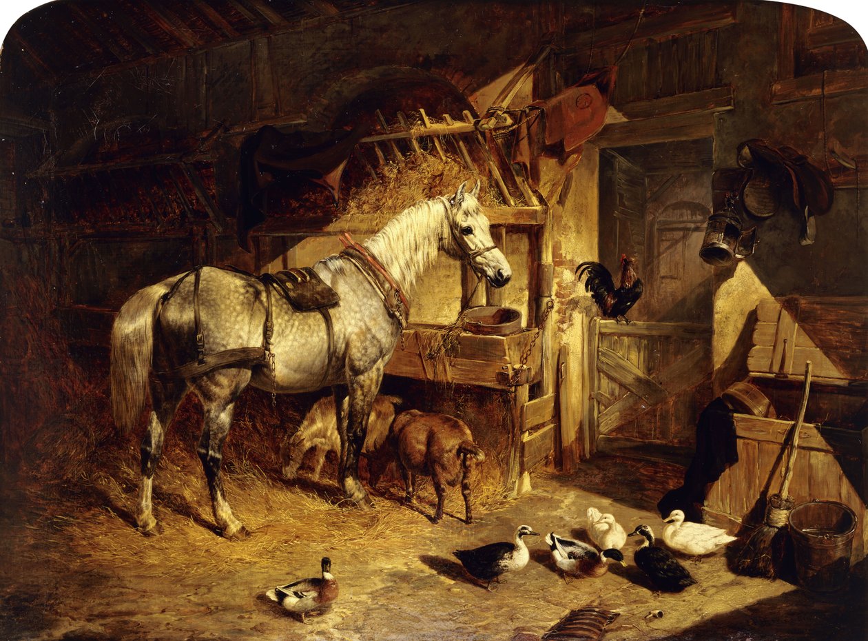 Interiøret i en stall med en dapple grå hest i sele, med ender, geiter og en hane av en krybbe, 1843 av John Frederick Herring Senior