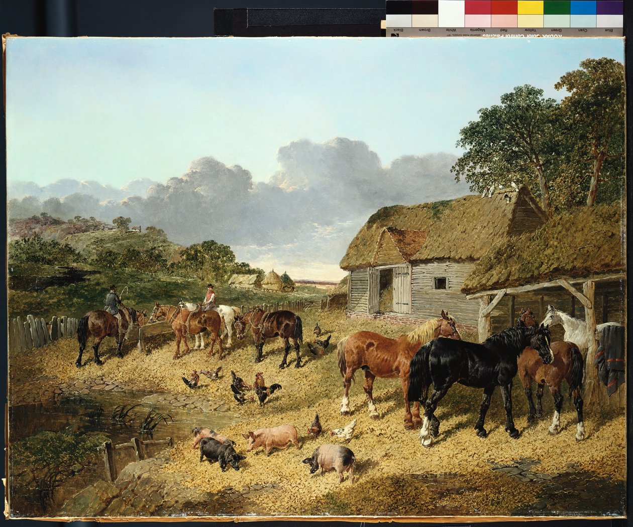 Hester som drikker fra et vanntrau, med griser og høner på et gårdstun av John Frederick Herring Junior