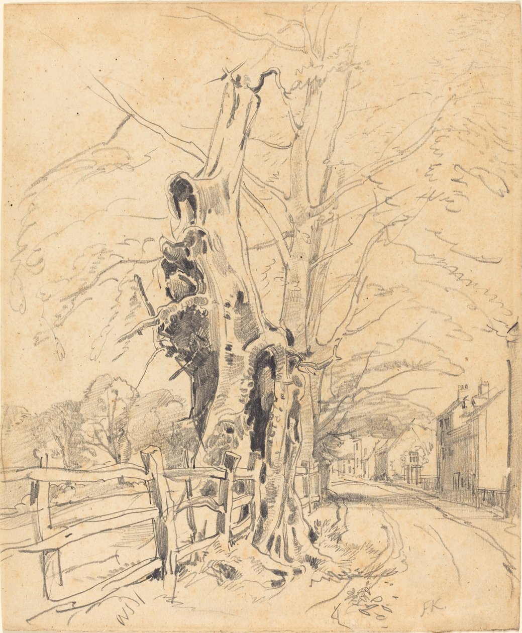 Trær ved et jernbanegjerde av John Frederick Kensett