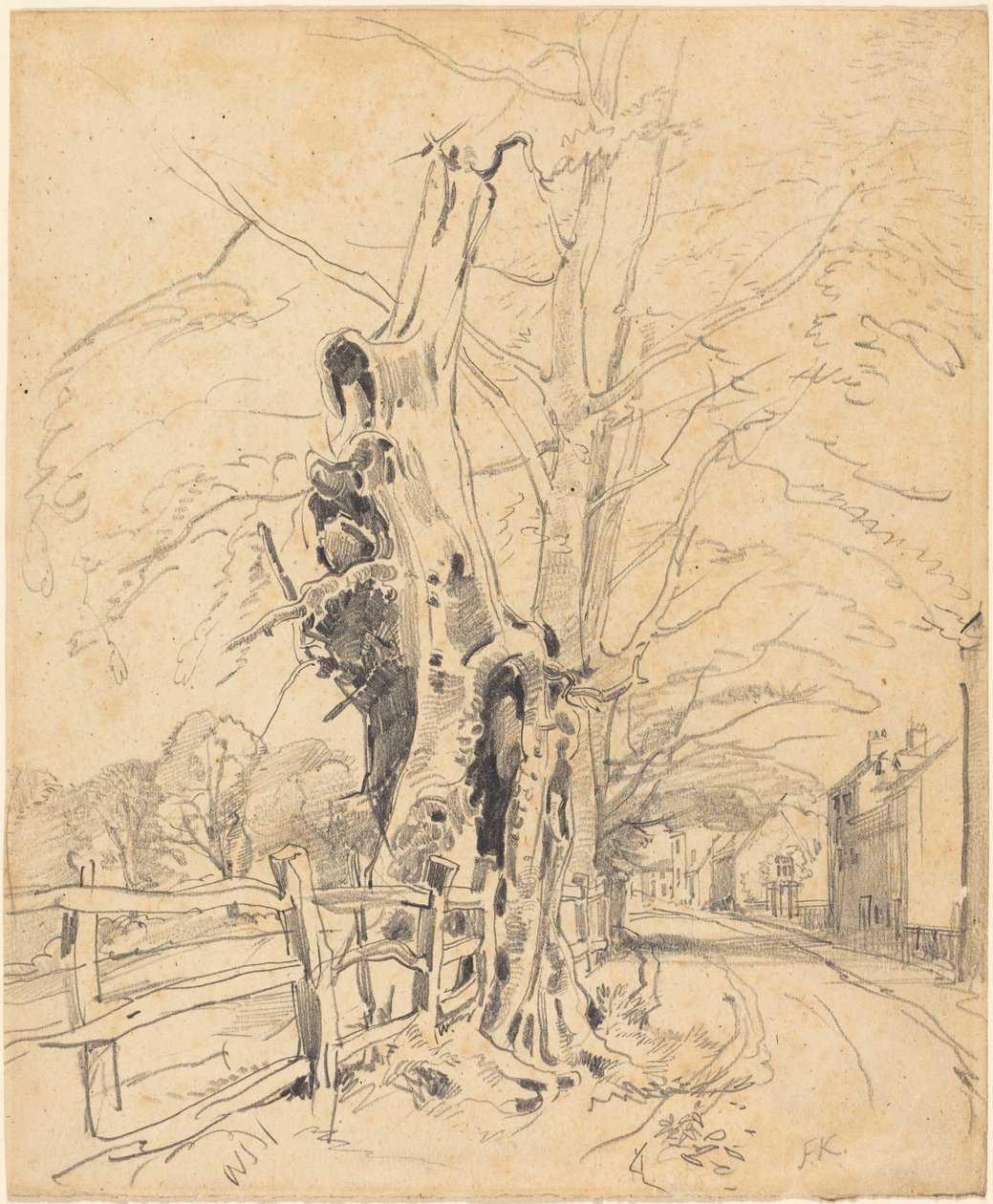 Trær ved et stakittgjerde av John Frederick Kensett