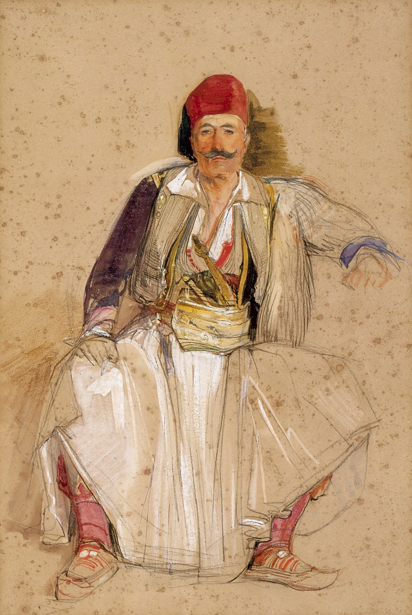 A Corfiote Warrior, sittende (akvarell over blyant på off-white papir) av John Frederick Lewis