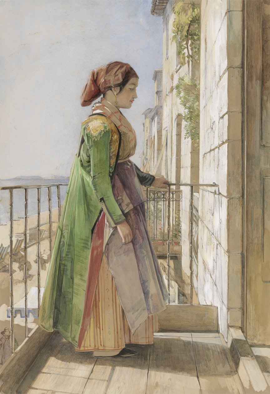 En gresk jente som står på en balkong, ca. 1840 (akvarell og gouache over grafitt på papir) av John Frederick Lewis