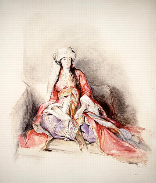 En Levantinsk dame i tyrkisk kjole, Konstantinopel (akvarell over blyant forsterket med kroppsfarge) av John Frederick Lewis