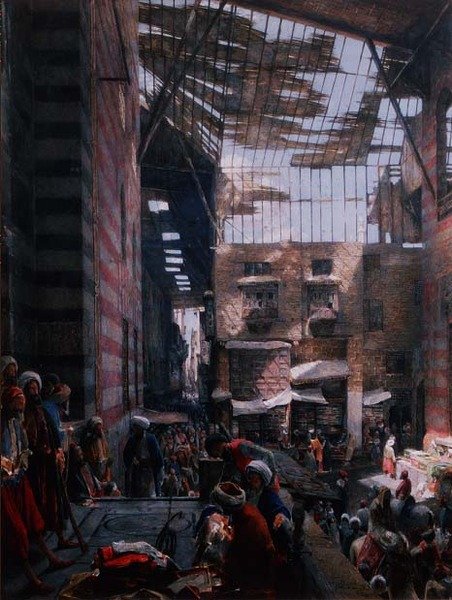 Utsikt over gaten og moskeen i Ghooreyah, Kairo av John Frederick Lewis