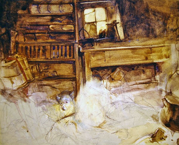 En terrier i en høylandshytte (blyant og akvarell på papir) av John Frederick Lewis