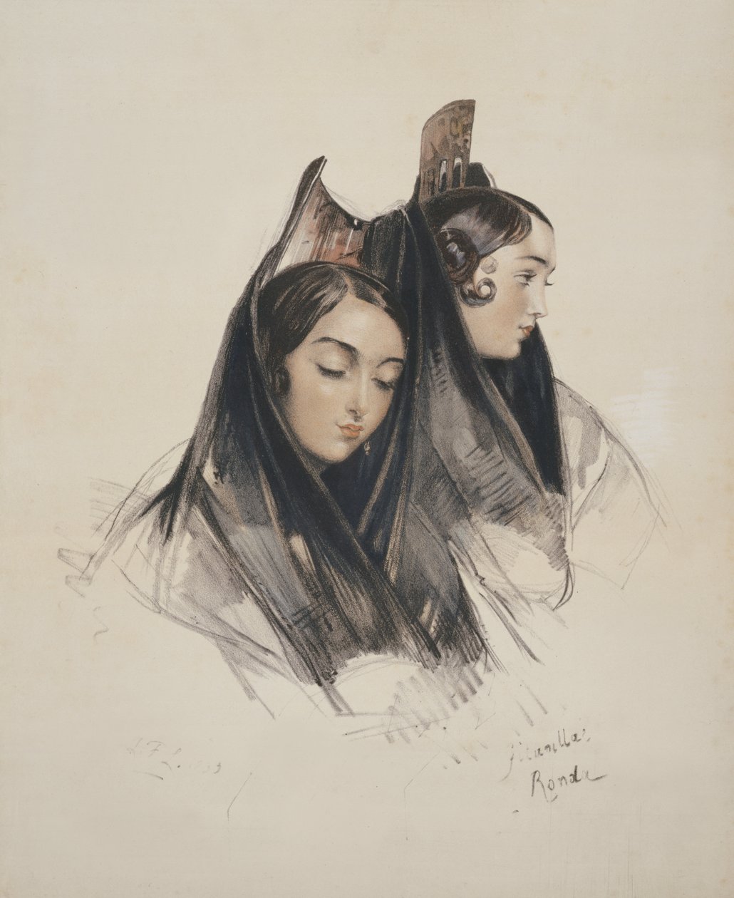Girls of the Ronda, Andalusia, plate 11 fra Sketches of Spain, gravert av Charles Joseph Hullmandel (1789-1850) publisert 1836 av John Frederick Lewis