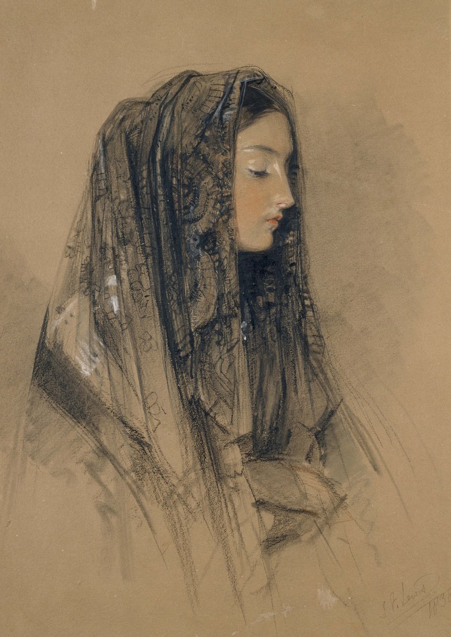 Hode for en italiensk jente i en mantilla, 1838 (rødt og svart kritt og indisk blekk med akvareller og kroppsfarger på buff bord) av John Frederick Lewis