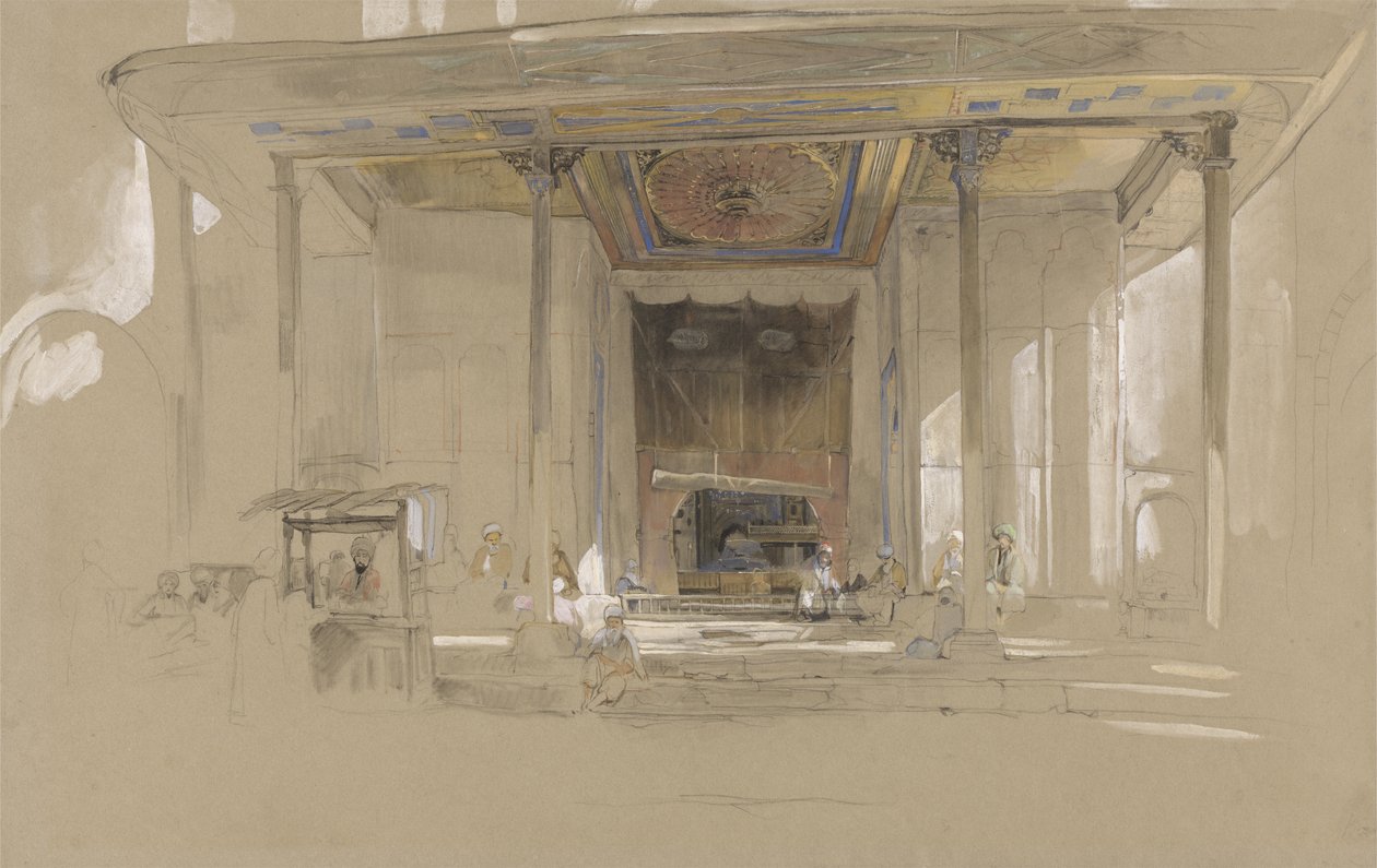 Hovedinngangen til den store moskeen (Ulucami) Bursa, Tyrkia, ca. 1840 (wc og kroppsfarge over grafitt på vevd papir) av John Frederick Lewis