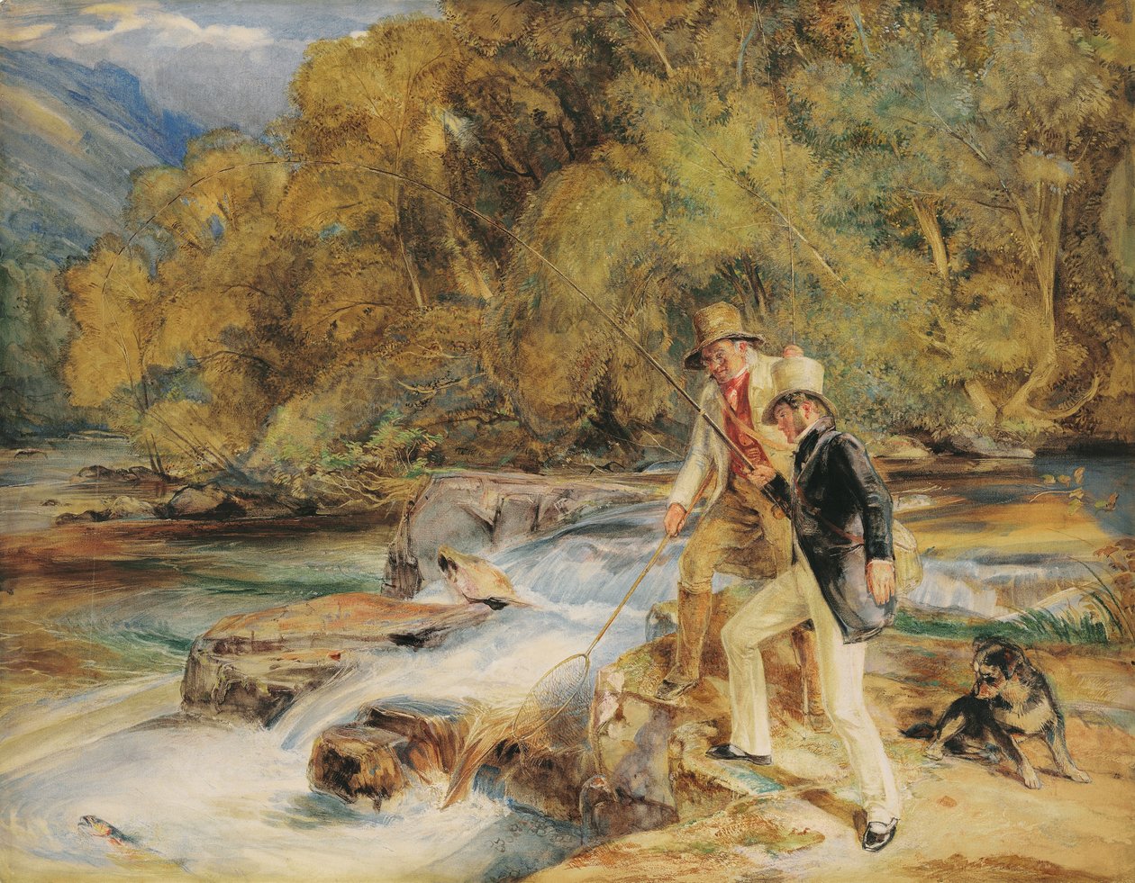 Sir Edwin Landseer, R.A. med en ghillie som fisker etter laks, muligens ved elven Dart, nær Holne, Devon (blyant og w/c med gummi arabicum og kroppsfarge og skraper ut på papir) av John Frederick Lewis