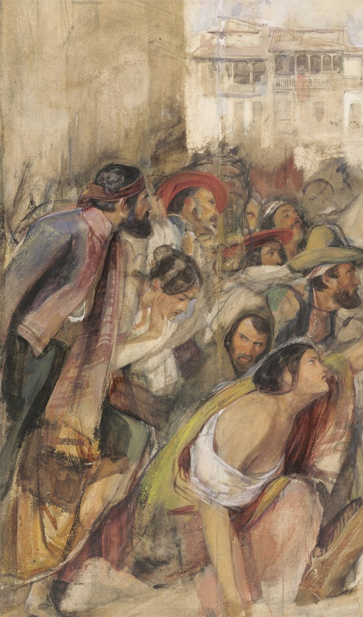 Studie for Proclamation of Don Carlos, ca. 1834-28 (w/c & kroppsfarge over kritt og blyant på papir) av John Frederick Lewis