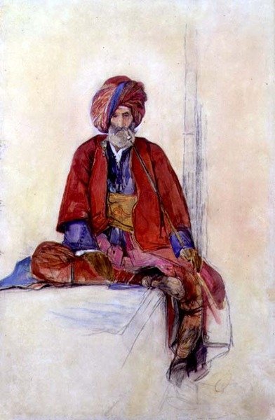 Studie av en sittende tyrker som røyker en lang pipe, ca. 1841 (kritt, akvarell og gouache) av John Frederick Lewis