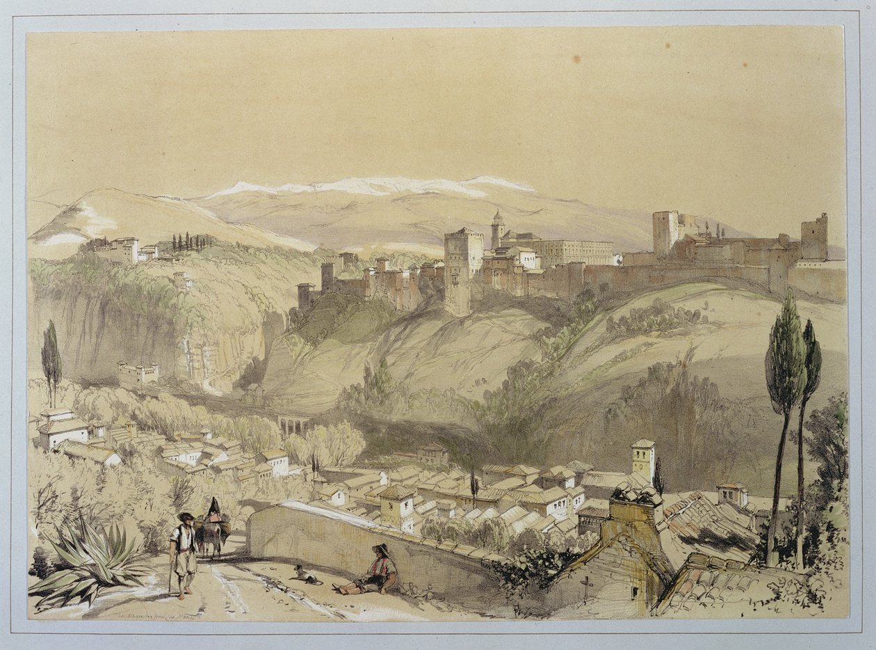 Alhambra fra Albay, fra 'Sketches and Drawings of the Alhambra', gravert av James Duffield Harding (1798-1863), 1835 av John Frederick Lewis