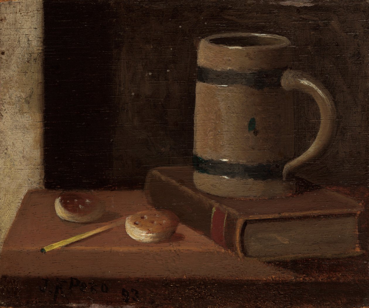 Krus, bok, kjeks og fyrstikk av John Frederick Peto