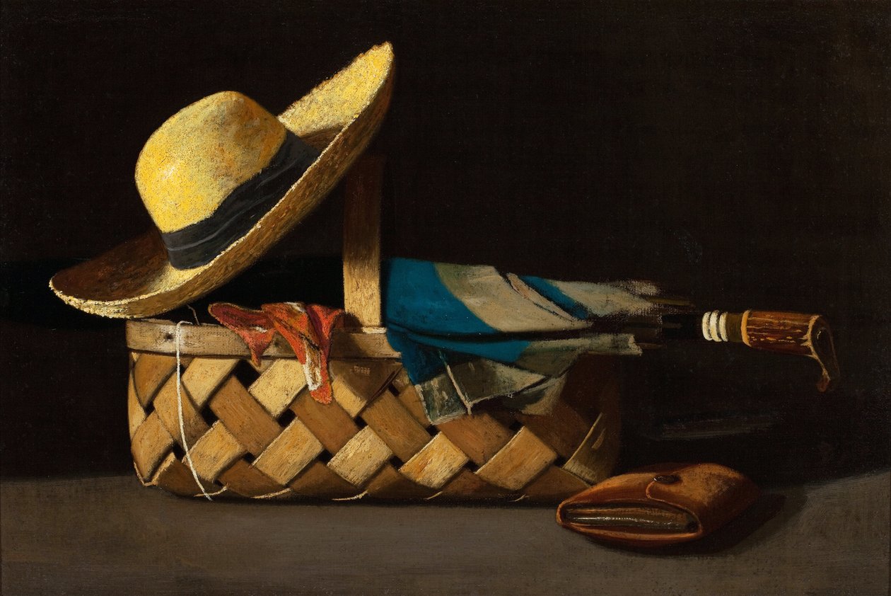""Marked Basket, Hat and Umbrella"" (Market Basket, Hat and Umbrella) Stilleben - Maleri av John Frederick Peto (1854-1907) ca. 1890 Privat samling av John Frederick Peto