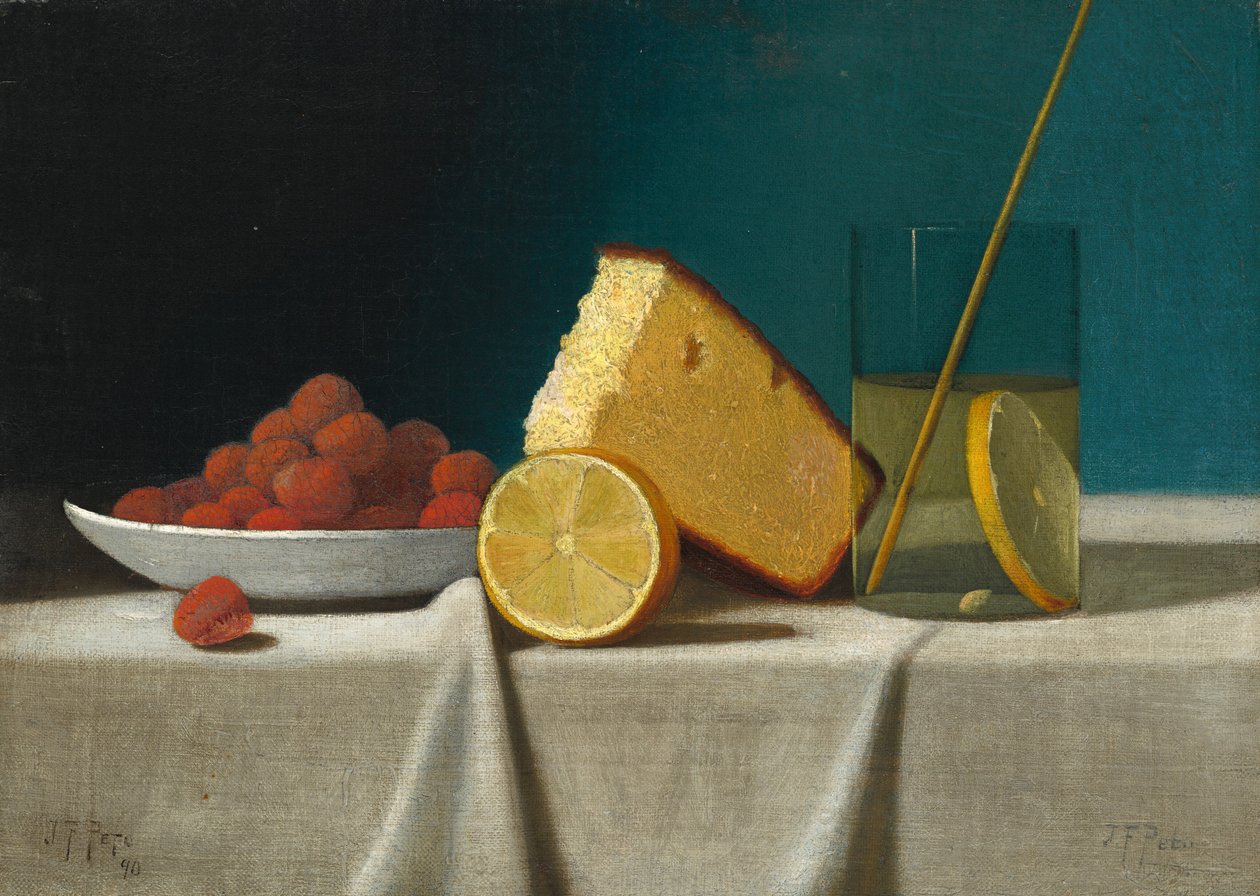 Stilleben med kake, sitron, jordbær og glass, 1890. av John Frederick Peto