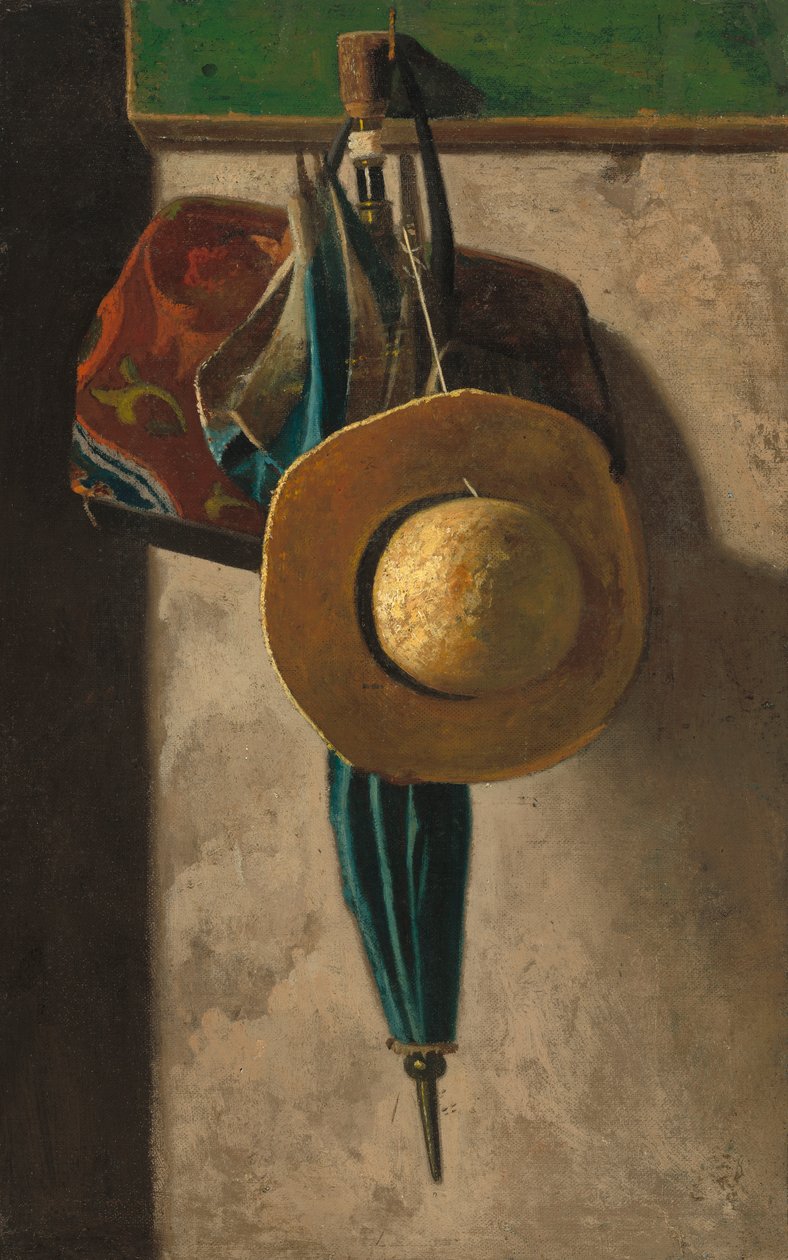Stråhatt, veske og paraply, ca. 1900 (olje på stoff overført fra lerretsbrett) av John Frederick Peto