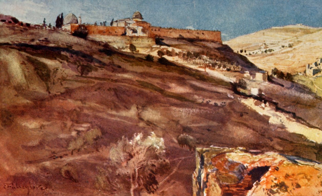 Jerusalem. - Sørmuren til tempelområdet, fra Hinnom-dalen, ved solnedgang, 1902. av John Fulleylove