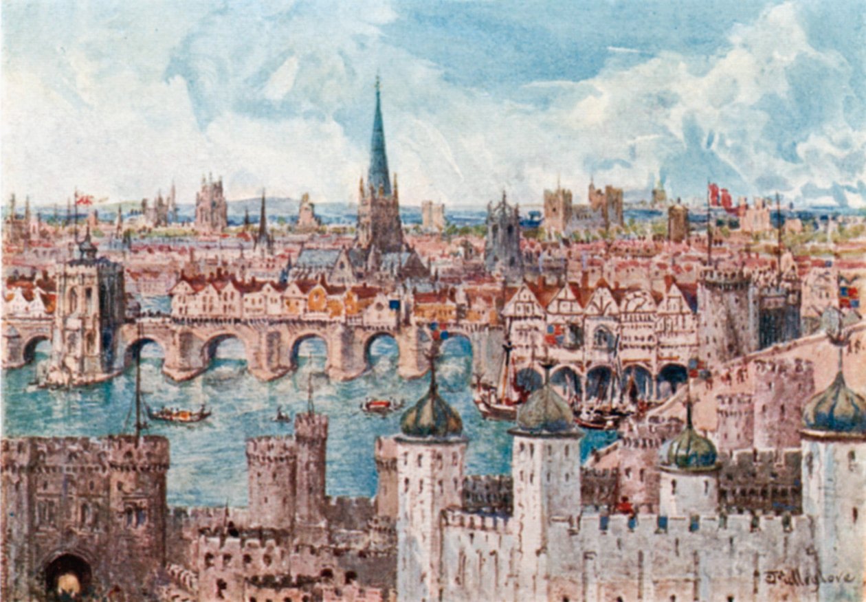Old London Bridge i 1386 (fargelitografi) av John Fulleylove