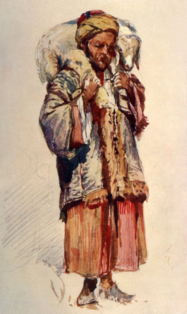 Syrisk hyrde Abu Mustapha som bærer et lam på skuldrene, 1902. av John Fulleylove