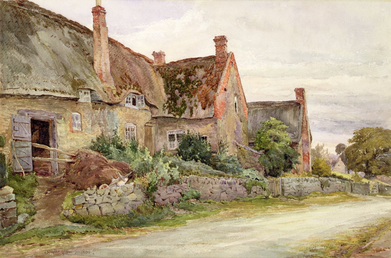 Hytte med stråtak med låve ved siden av, 1881 (wc og grafitt på papir) av John Fulleylove