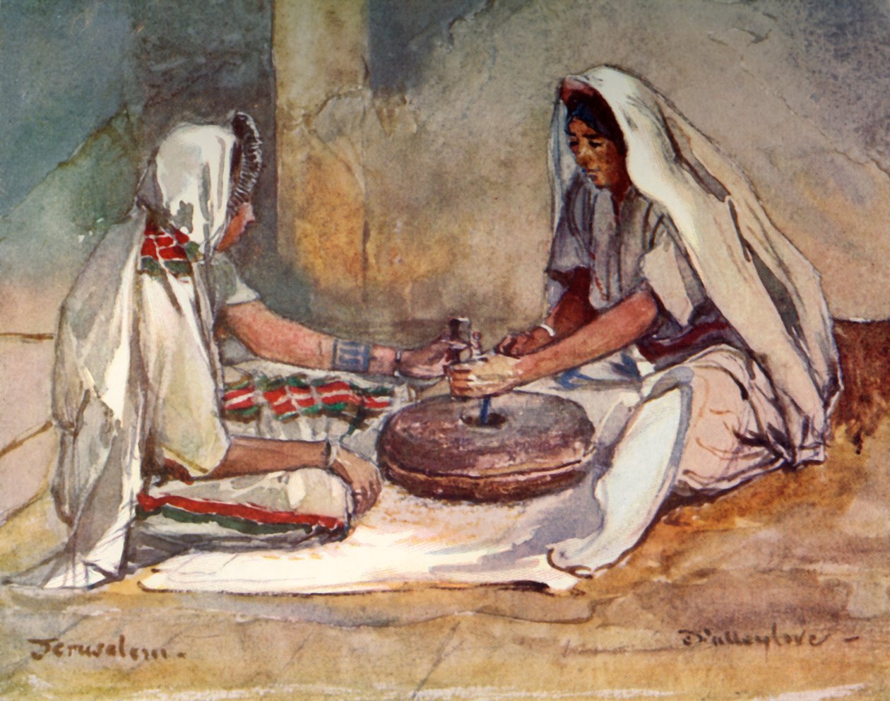 To kvinner som maler ved en håndmølle, 1902. av John Fulleylove