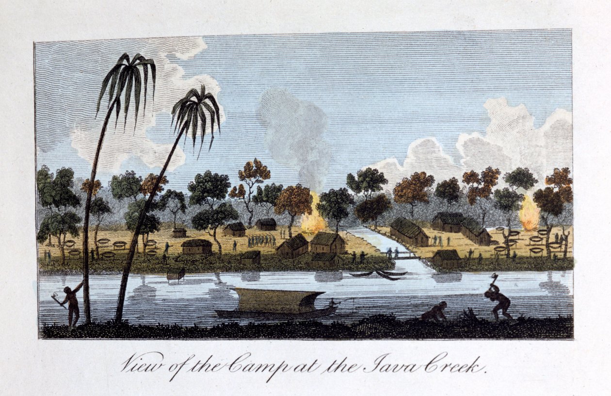 Utsikt over leiren ved Java Creek, 1813 av John Gabriel Stedman