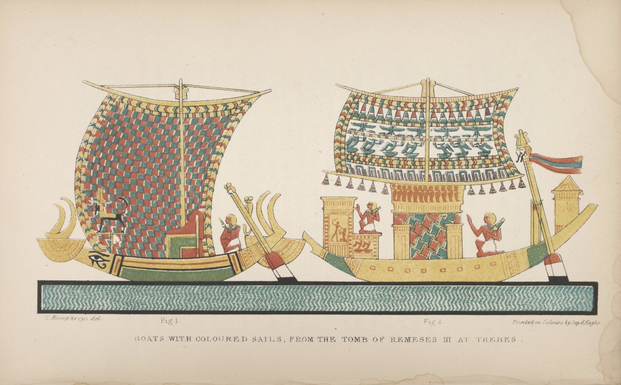 Båter med fargede seil, fra graven til Ramses III i Theben, illustrasjon fra "Manner and Customs of the old Egyptians...", 1837-41 av John Gardner Wilkinson
