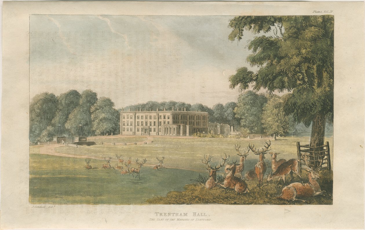 Trentham Hall: farget litografi, nd [c 1824] (trykk) av John Gendall