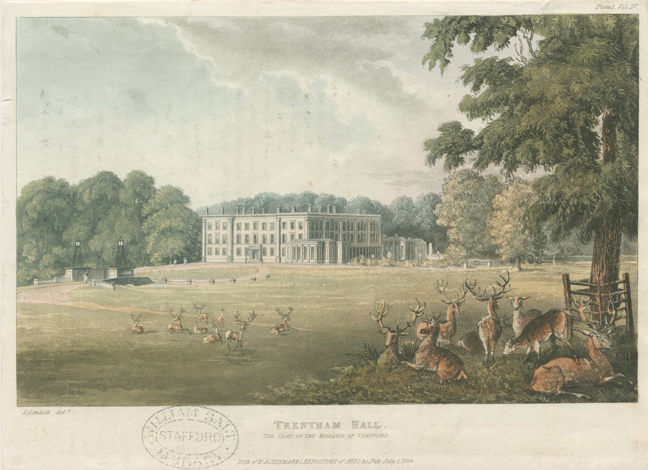 Trentham Hall: farget litografi, nd [c 1824] (trykk) av John Gendall