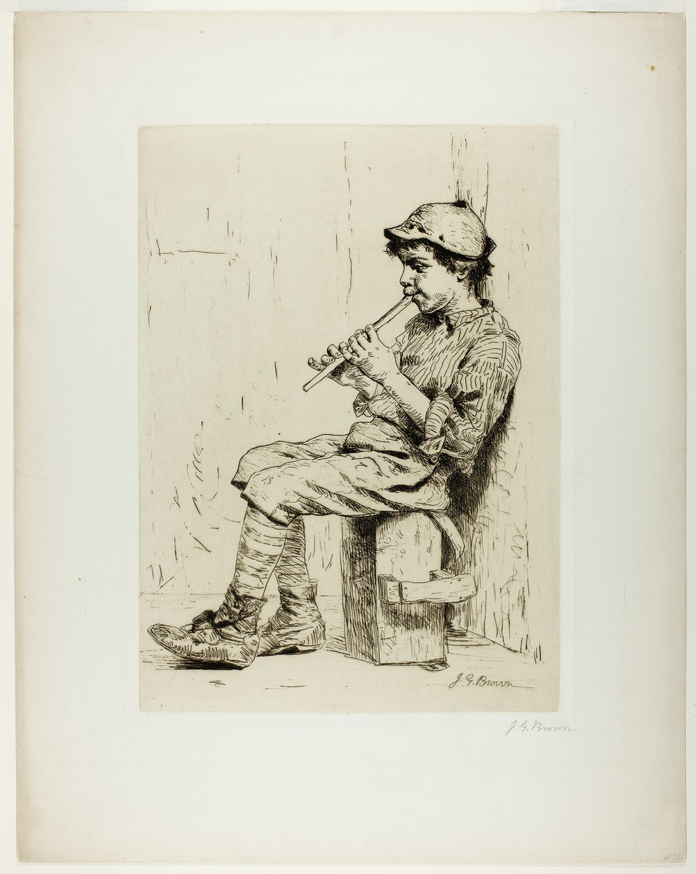 Gutt som spiller fløyte av John George Brown