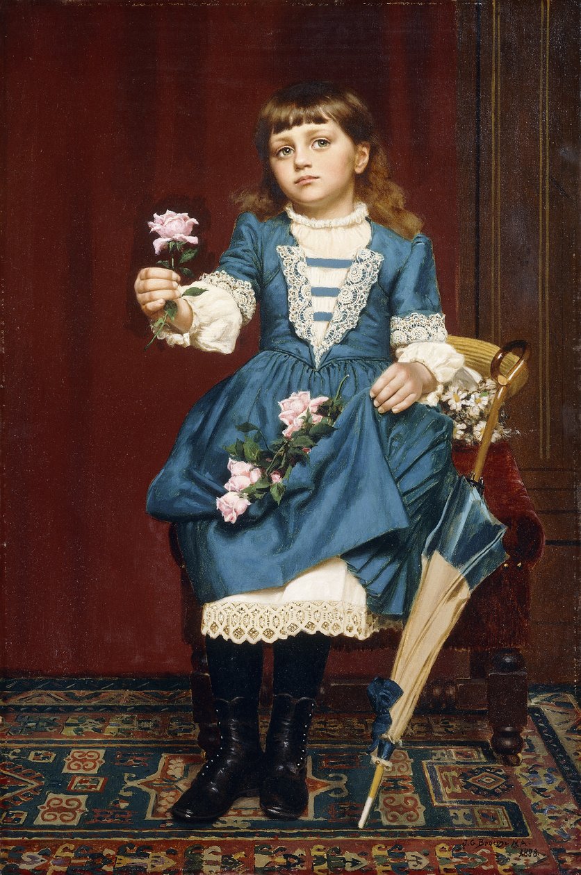 Daisy McComb holder en rosa rose, 1888 av John George Brown