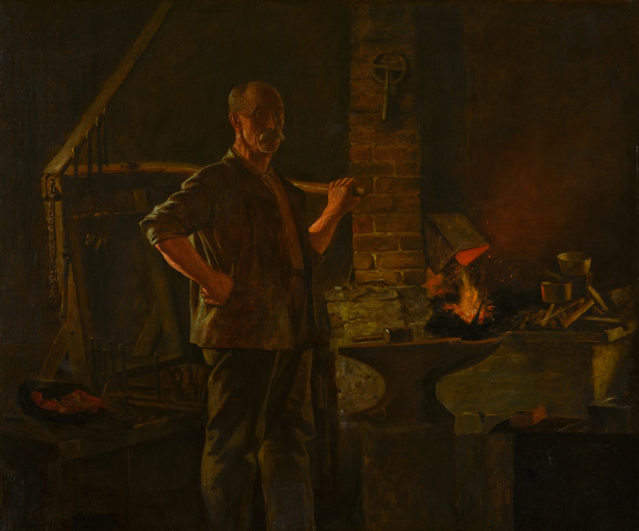 The Village Blacksmith, ca. 1900 (olje på lerret) av John George Brown