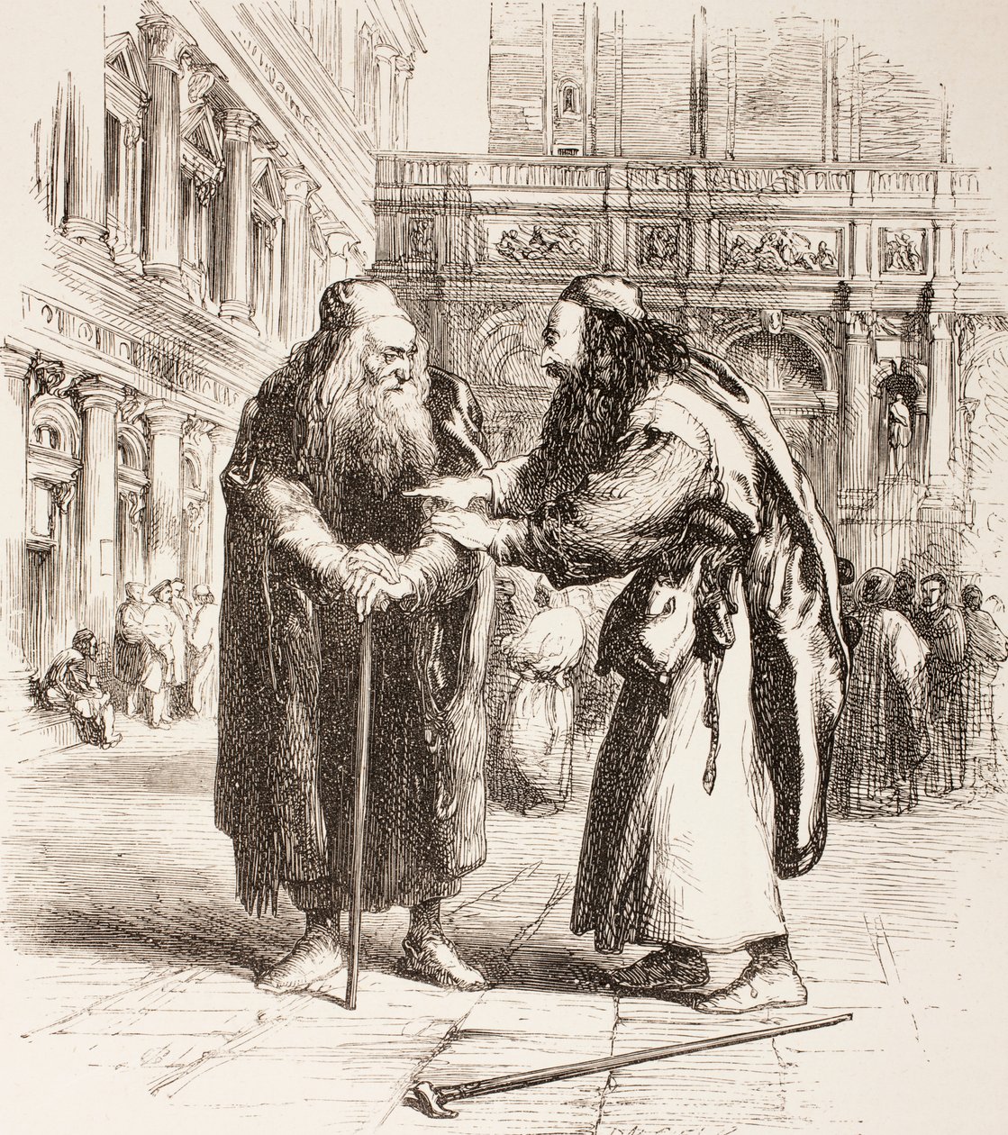 Illustrasjon for The Merchant of Venice, Shylock og Tubal møtes på gaten, Act III, Scene I, fra 