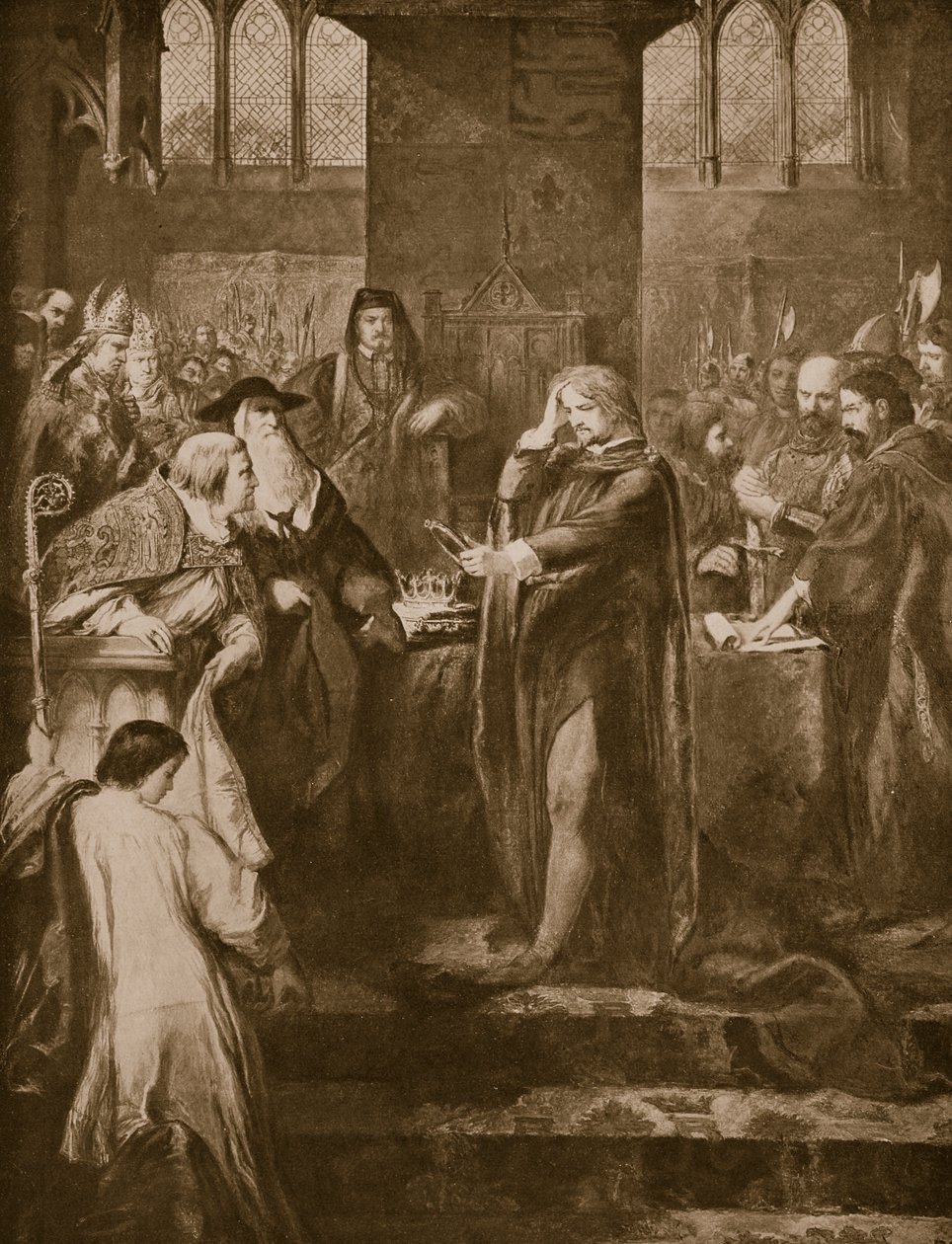 Kong Richard II gir fra seg kronen til sin fetter Bolingbroke, illustrasjon fra 