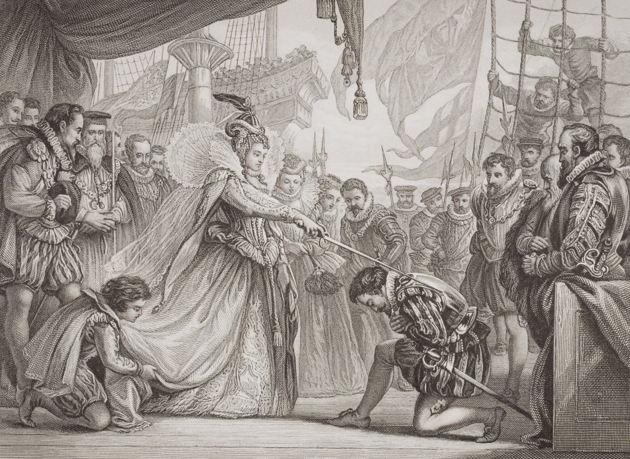 Dronning Elizabeth I (1530-1603) ridder Francis Drake (1540-96) fra 