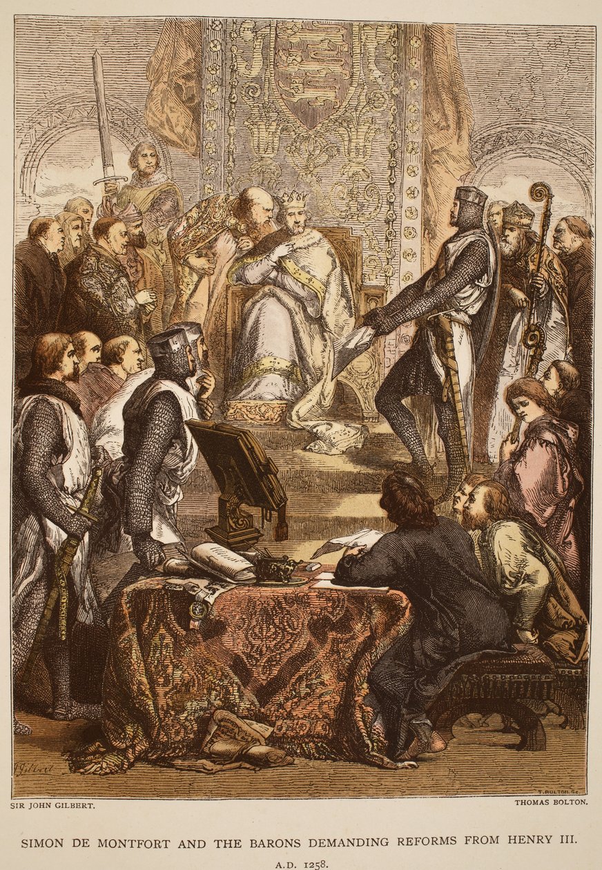 Simon de Montfort og baronene krever reformer fra Henry III, 1258, gravert av Thomas Bolton av John Gilbert