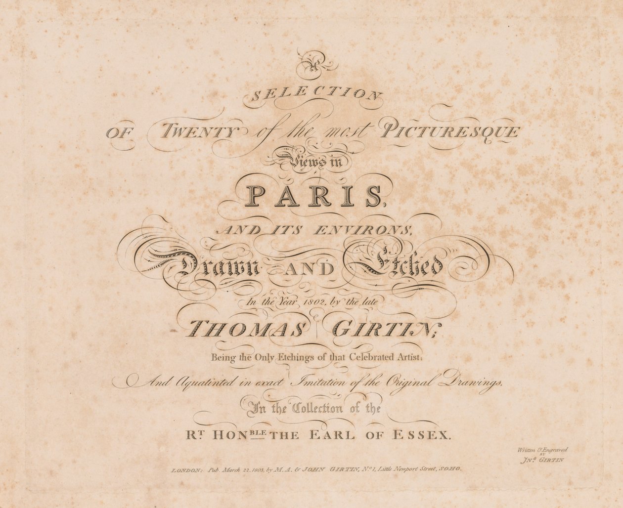 Et utvalg av tjue av de mest pittoreske utsiktene i Paris og omegn: Tittelside, 1803. av John Girtin