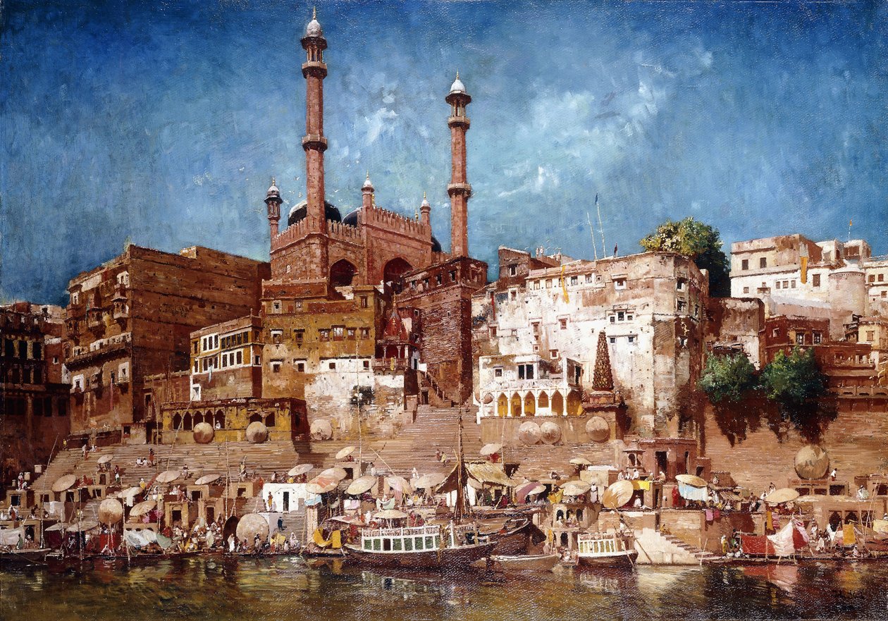 En utsikt over Ghats med Aurangzebs moske, Benares av John Gleich